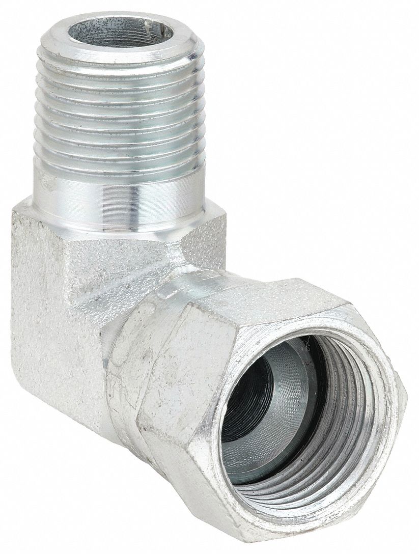 Hydraulic Hose Adapter: 1/2 in x 5/8 in Fitting Size, Male x Female, NPTF x JIC, Swivel, 90° Elbow