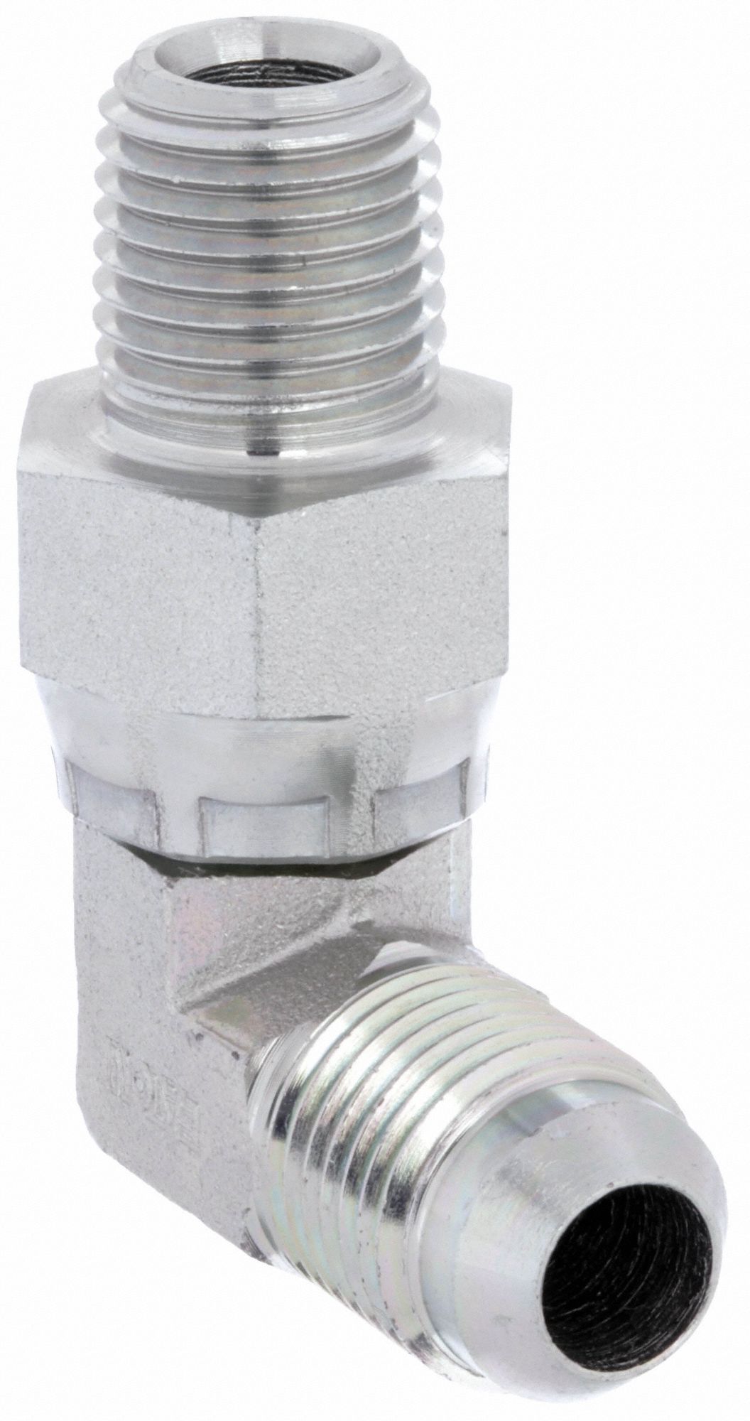 Hydraulic Hose Adapter: 1/4 in x 3/8 in Fitting Size, Male x Male, NPTF x JIC, Swivel, 90° Elbow