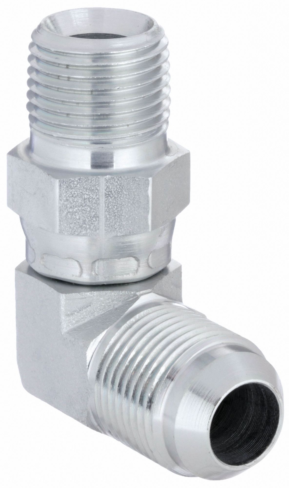 Hydraulic Hose Adapter: 1/2 in x 5/8 in Fitting Size, Male x Male, NPTF x JIC, Swivel, 90° Elbow