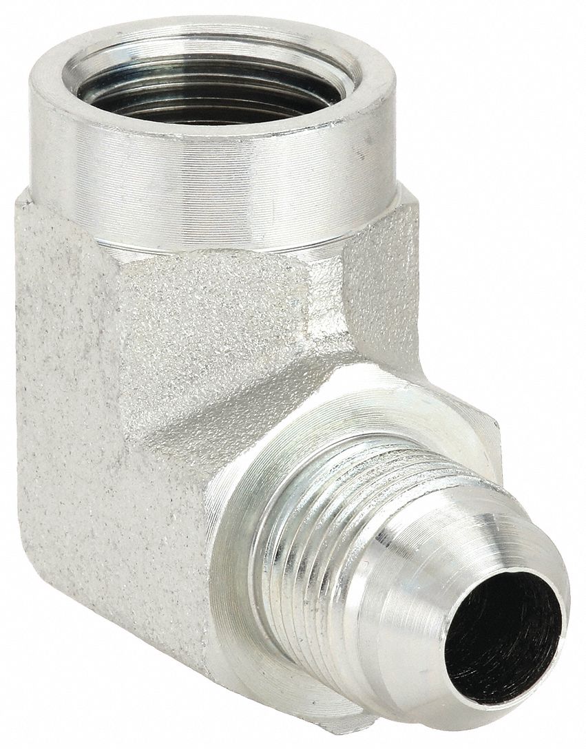 Hydraulic Hose Adapter: 1/2 in x 1/2 in Fitting Size, Female x Male, NPTF x JIC, Rigid, 90° Elbow