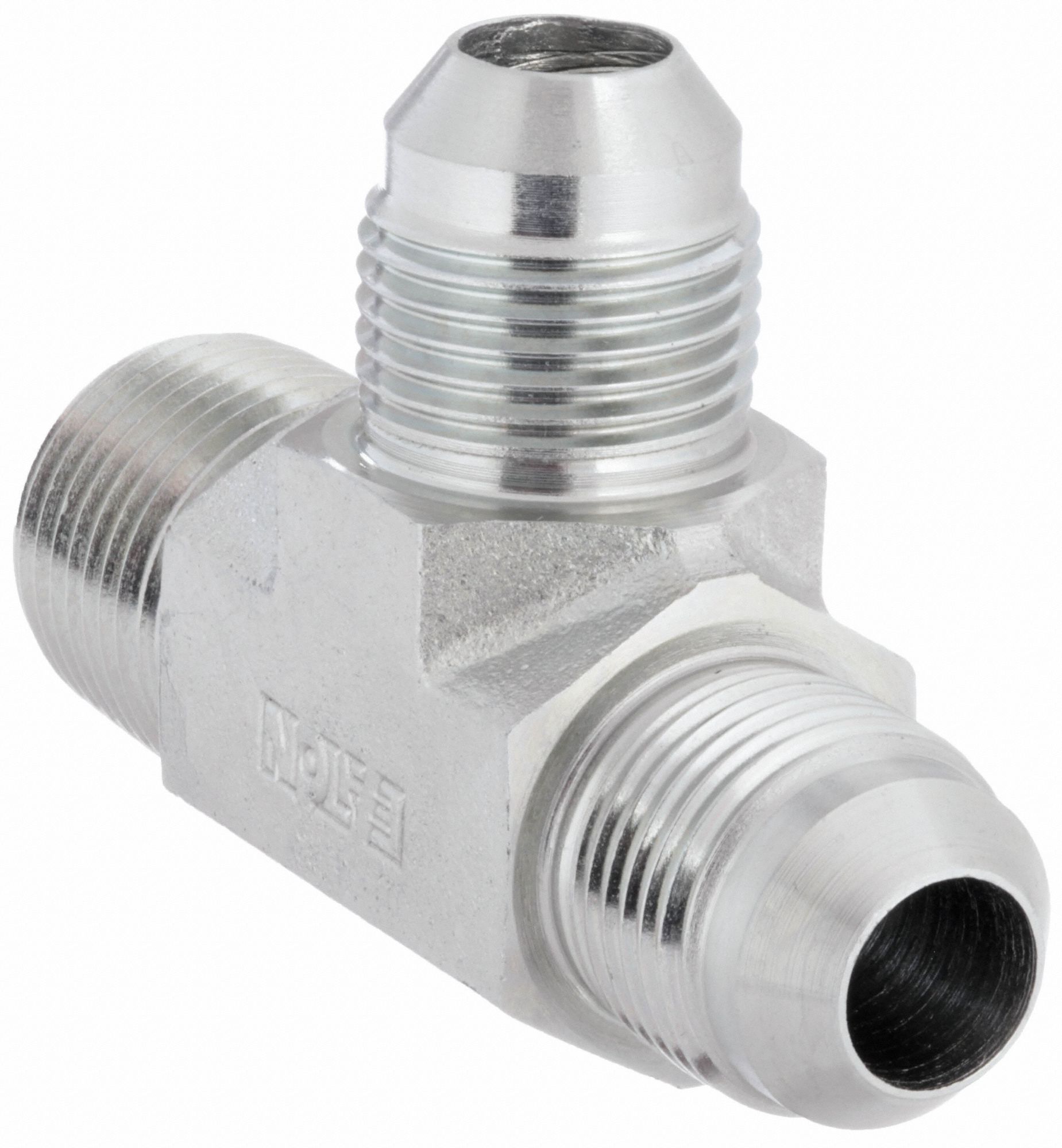 Hydraulic Hose Adapter: 1/4 in x 1/4 in x 1/4 in Fitting Size, Male x Male x Male, NPTF x JIC x JIC