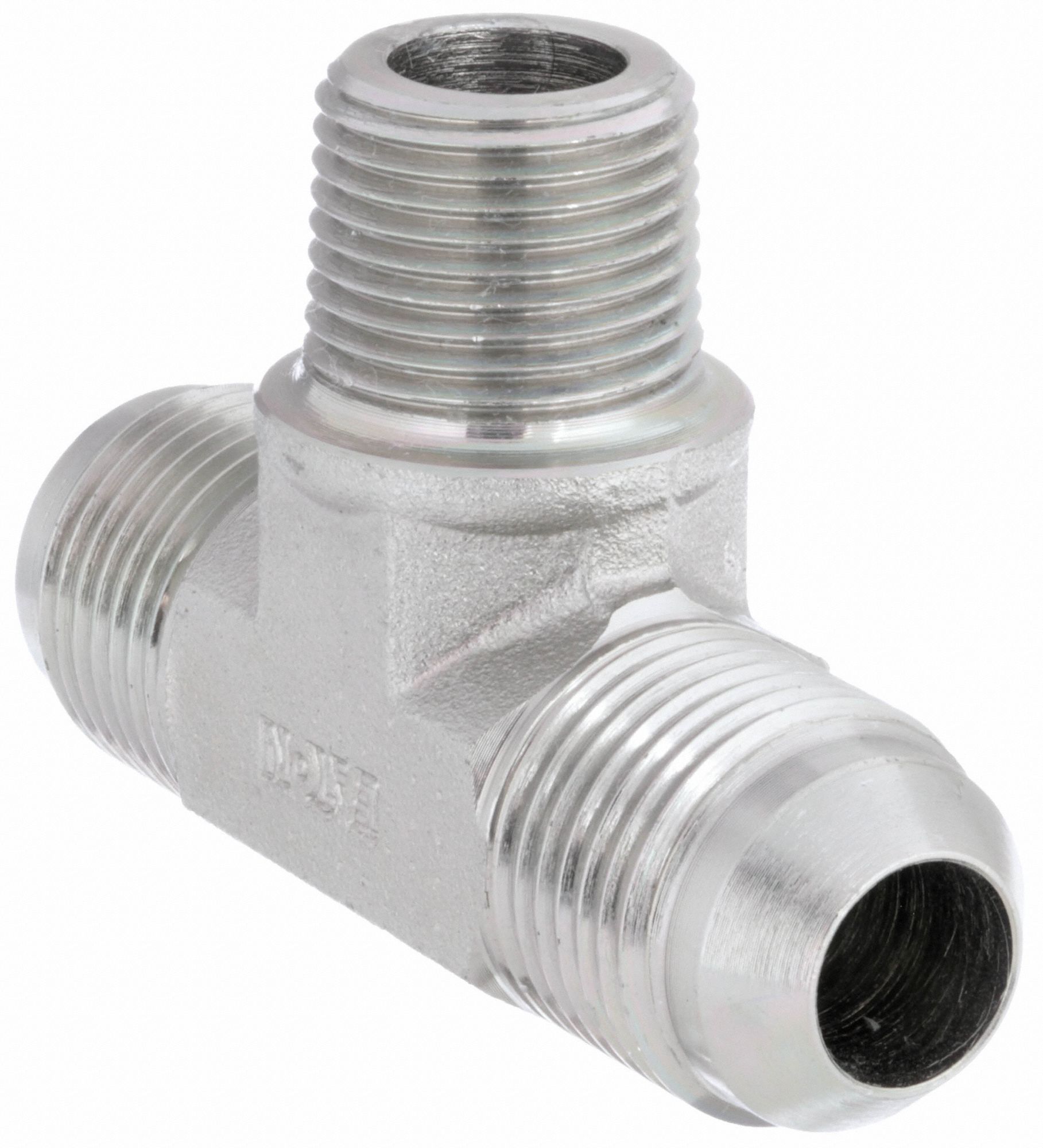Hydraulic Hose Adapter: 1/2 in x 3/8 in x 1/2 in Fitting Size, Male x Male x Male, NPTF x JIC x JIC