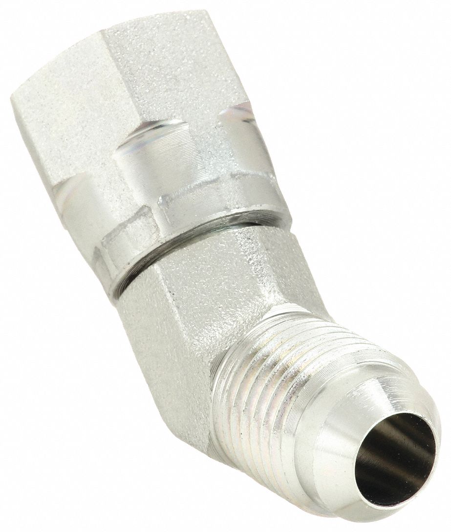 Hydraulic Hose Adapter: 5/16 in x 5/16 in Fitting Size, Female x Male, JIC x JIC, Swivel, 45° Elbow