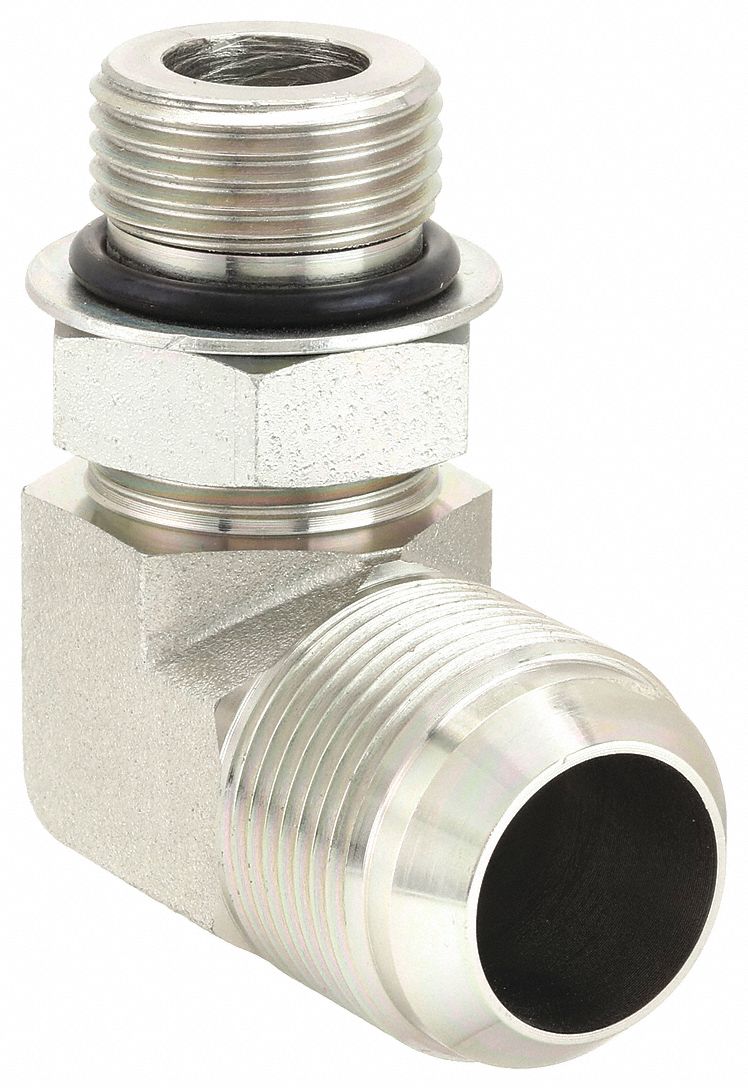 Hydraulic Hose Adapter: 1 1/4 in x 1 1/2 in Fitting Size, Male x Male, ORB x JIC, Rigid, 90° Elbow