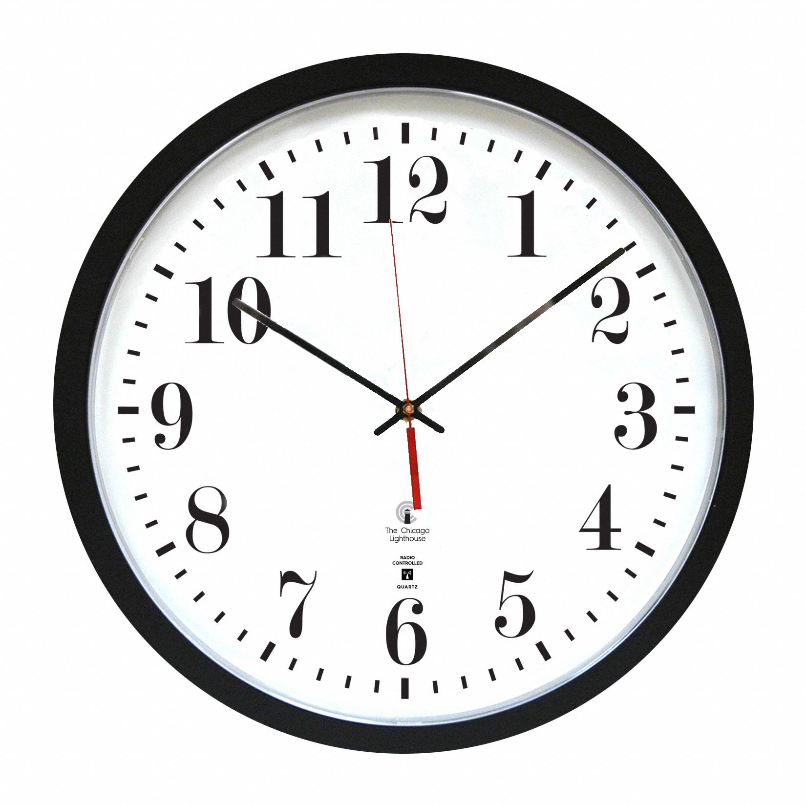 Wall Clock: Radio Freq, Arabic, Round, 16 1/2 in Overall Dia., 14 1/2 in Face Dia., Battery, Analog