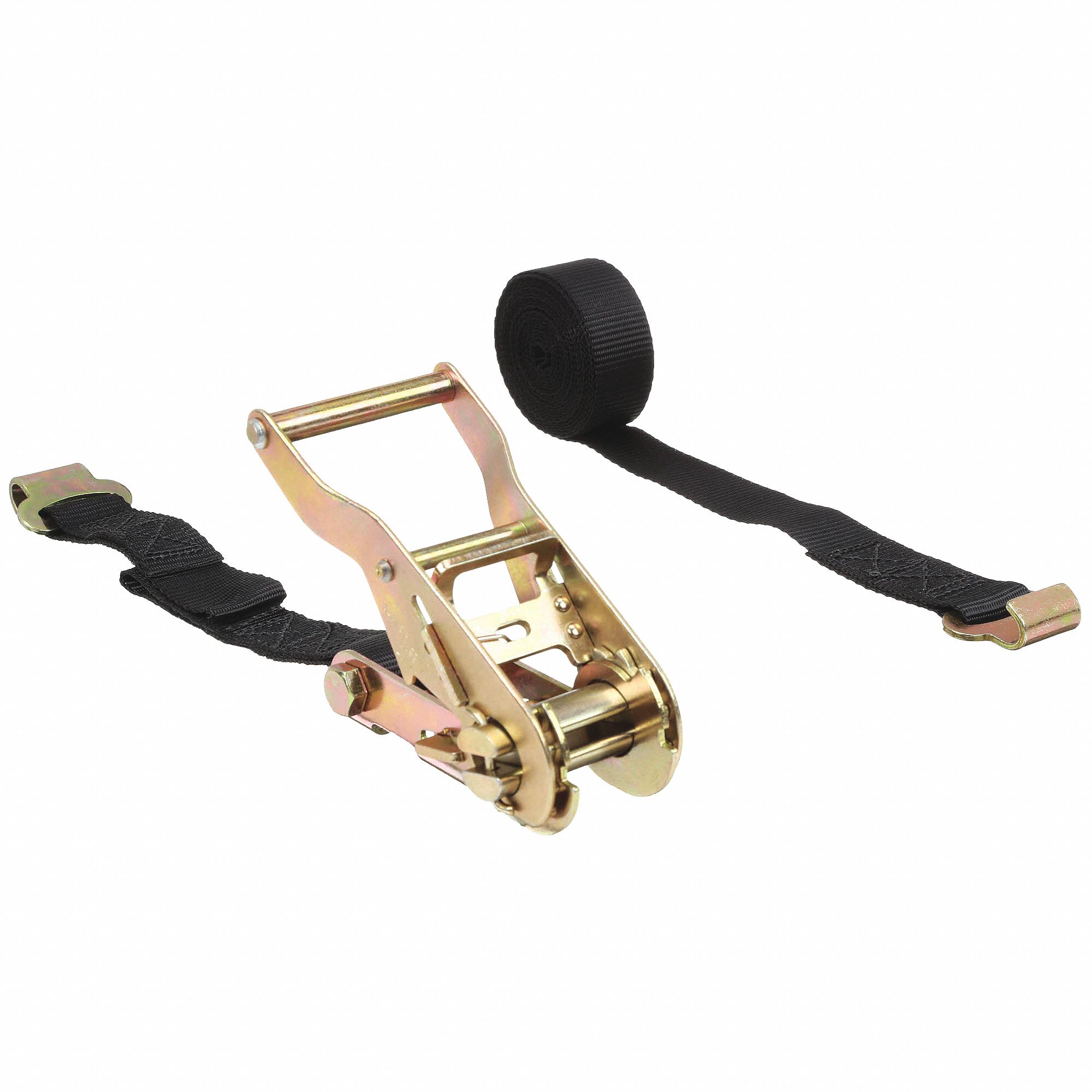 TIE DOWN STRAP, RATCHET, FLAT-HOOK, GEN PURPOSE, 1 IN W, 330 LB WLL, BLACK, 10 FT L