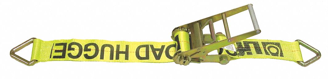 Tie Down Strap: Ratchet, D-Ring, Gen Purpose, 4 in Wd, 5, 000 lb WLL, Yellow, 27 ft Lg
