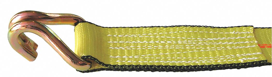 TIE DOWN STRAP, RATCHET, WIRE-HOOK, CUT-RESISTANT EDGES, 2 IN W, 1,600 LB WLL, YELLOW, 30 FT L