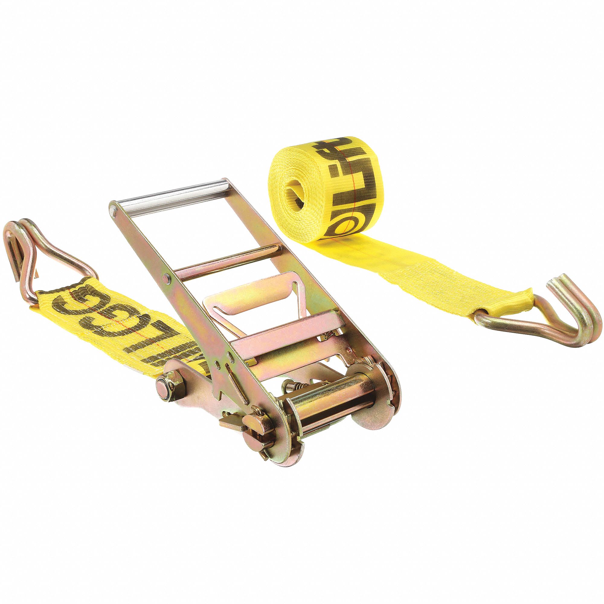 TIE DOWN STRAP, RATCHET, WIRE-HOOK, GEN PURPOSE, 4 IN W, 5,000 LB WLL, YELLOW, 27 FT L