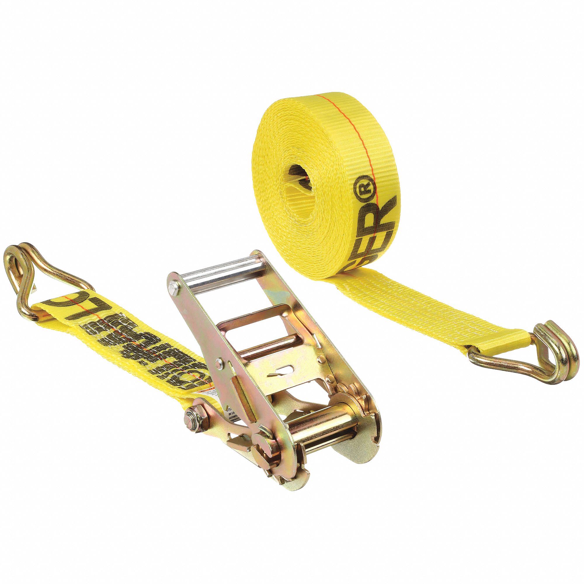 TIE DOWN STRAP, RATCHET, WIRE-HOOK, GEN PURPOSE, 2 IN W, 1,600 LB WLL, YELLOW, 30 FT L
