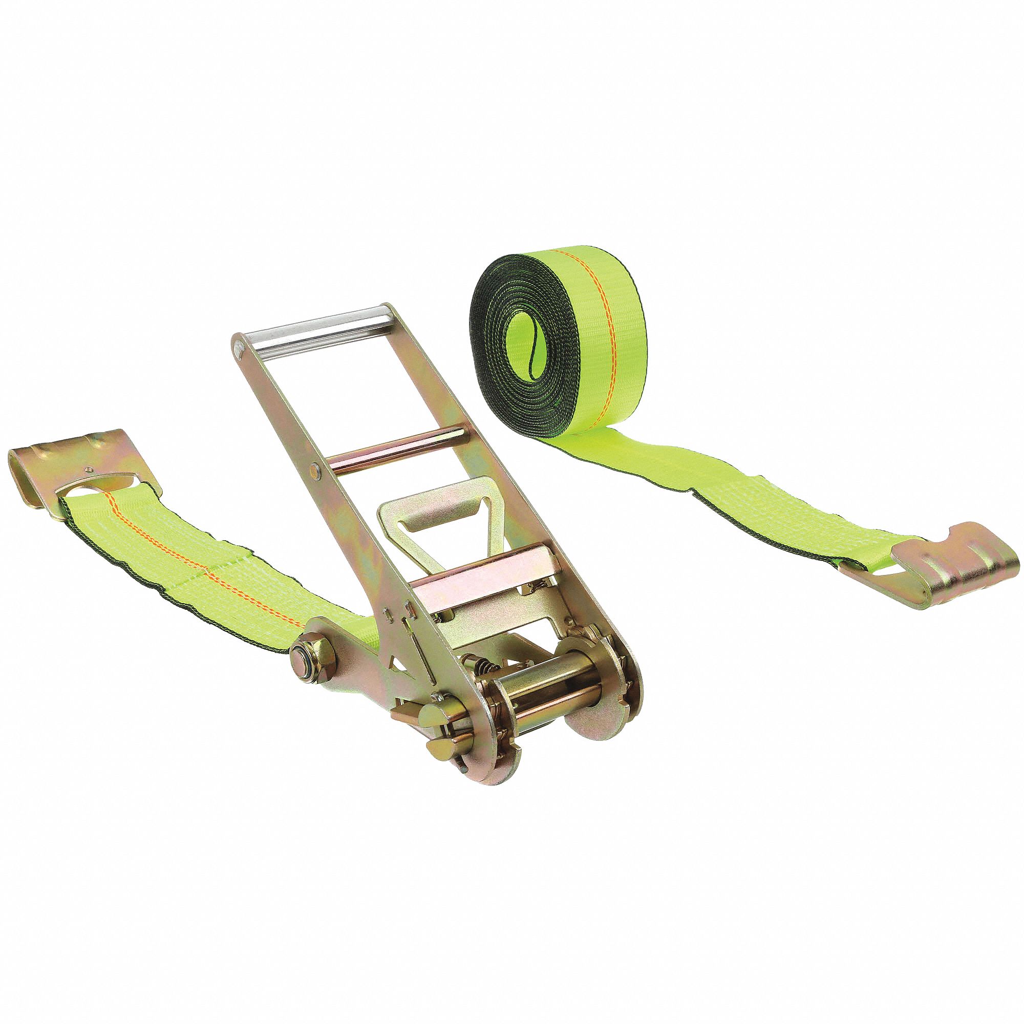 TIE DOWN STRAP, RATCHET, FLAT-HOOK, CUT-RESISTANT EDGES, 3 IN W, 5,000 LB WLL, YELLOW, 30 FT L