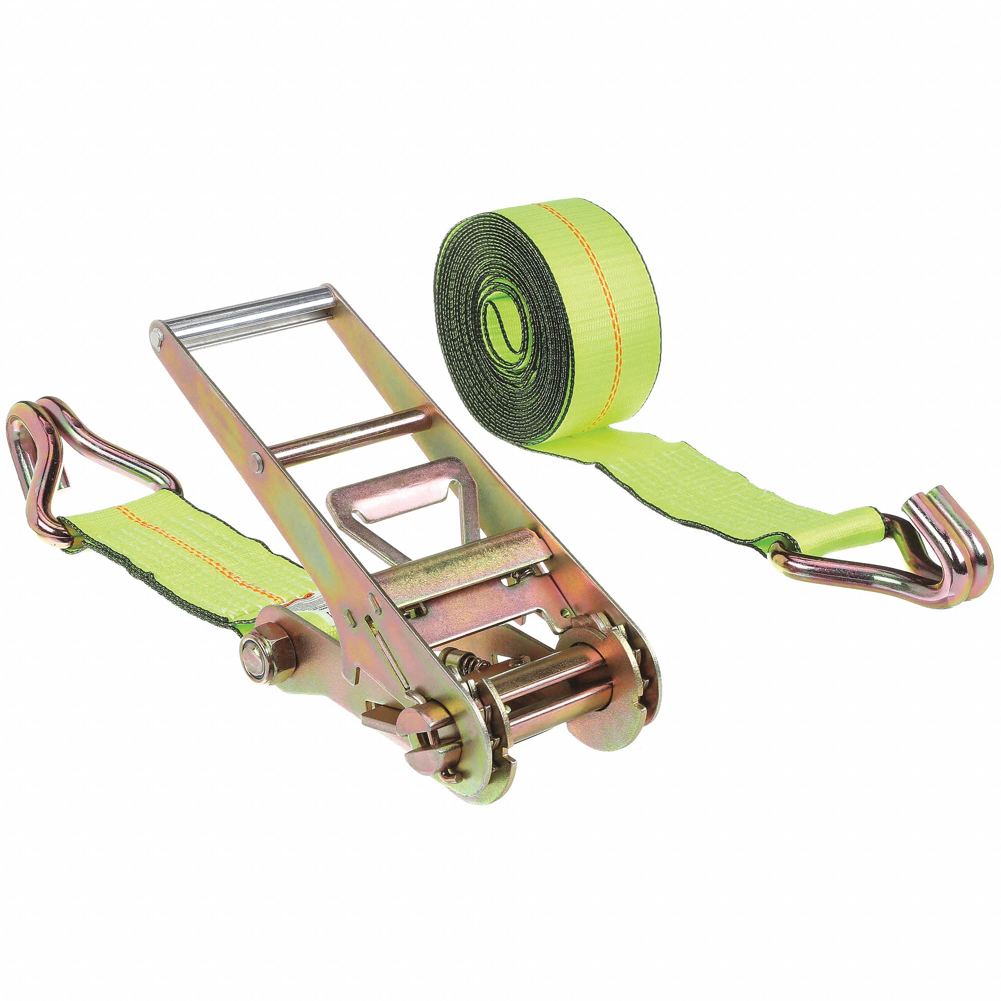 TIE DOWN STRAP, RATCHET, WIRE-HOOK, CUT-RESISTANT EDGES, 3 IN W, 5,000 LB WLL, GREEN, 27 FT L