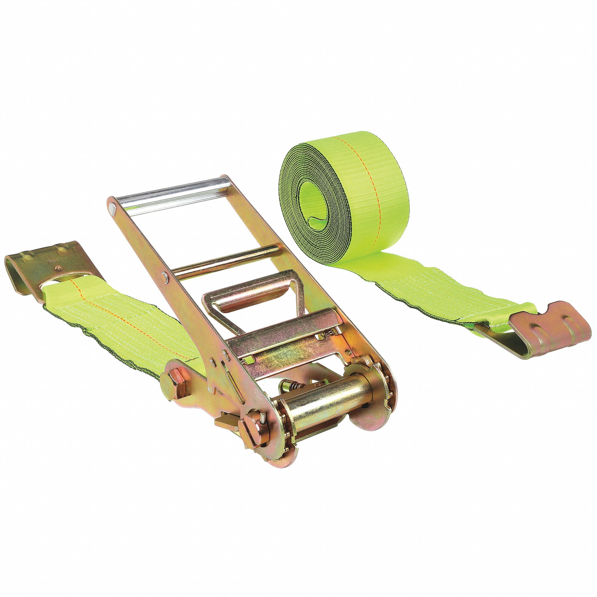 TIE DOWN STRAP, RATCHET, FLAT-HOOK, CUT-RESISTANT EDGES, 4 IN W, 5,000 LB WLL, YELLOW, 27 FT L
