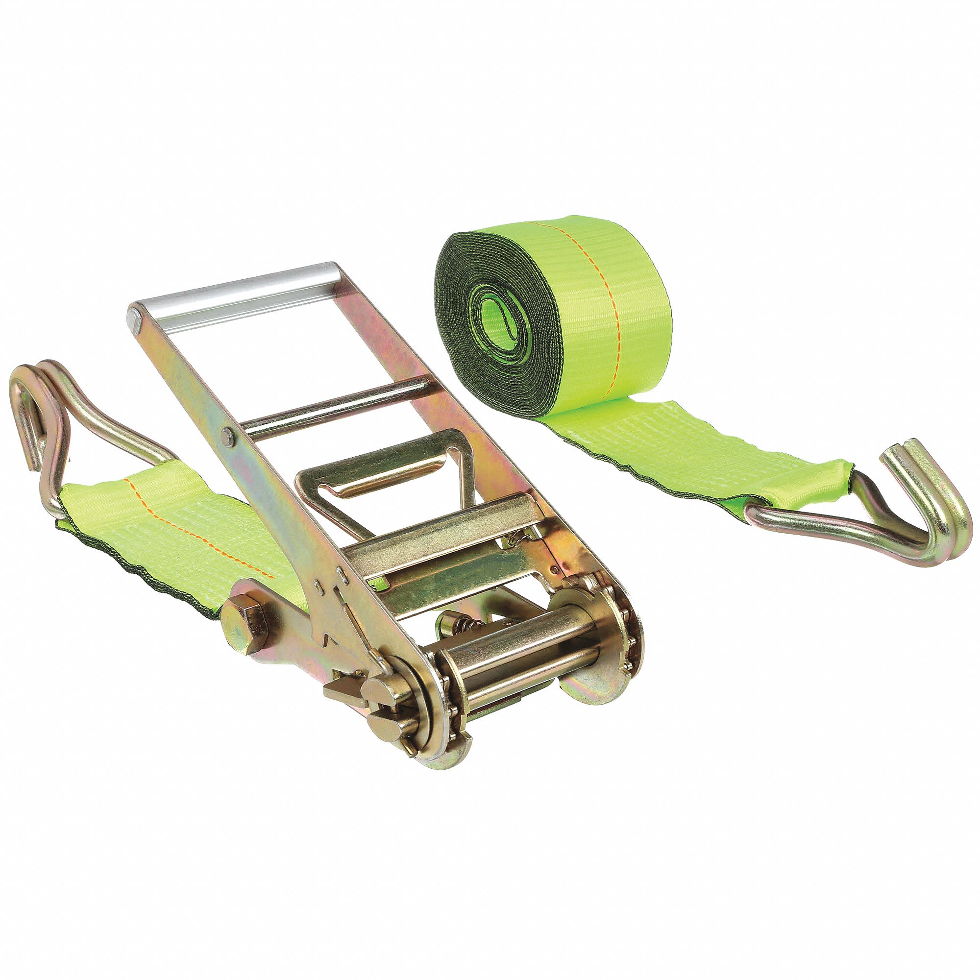 TIE DOWN STRAP, RATCHET, WIRE-HOOK, CUT-RESISTANT EDGES, 4 IN W, 5,000 LB WLL, YELLOW, 27 FT L