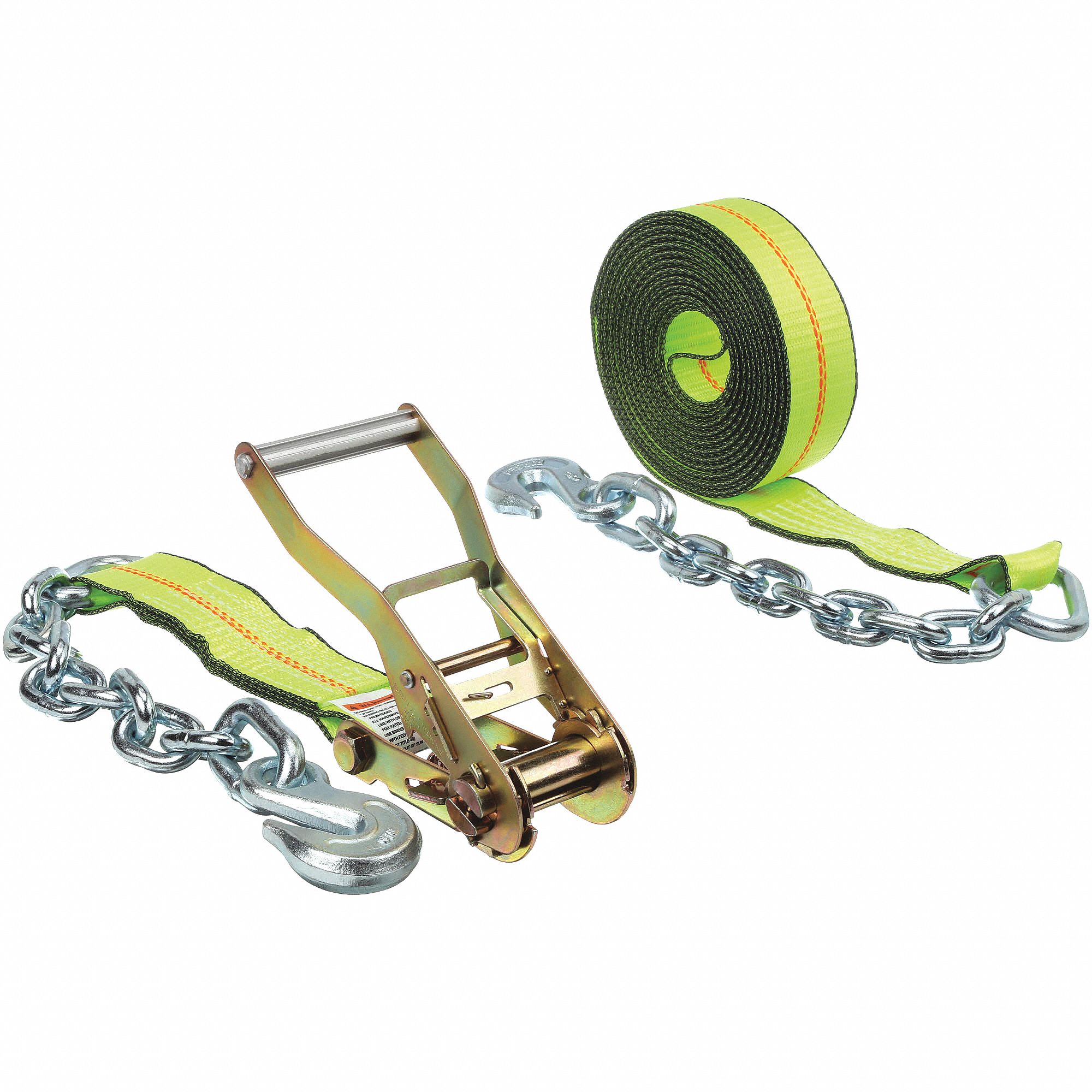 Tie Down Strap: Ratchet, Cut-Resistant Edges, 2 in Wd, 3, 300 lb WLL, High-Visibility Green, 30 ft Lg