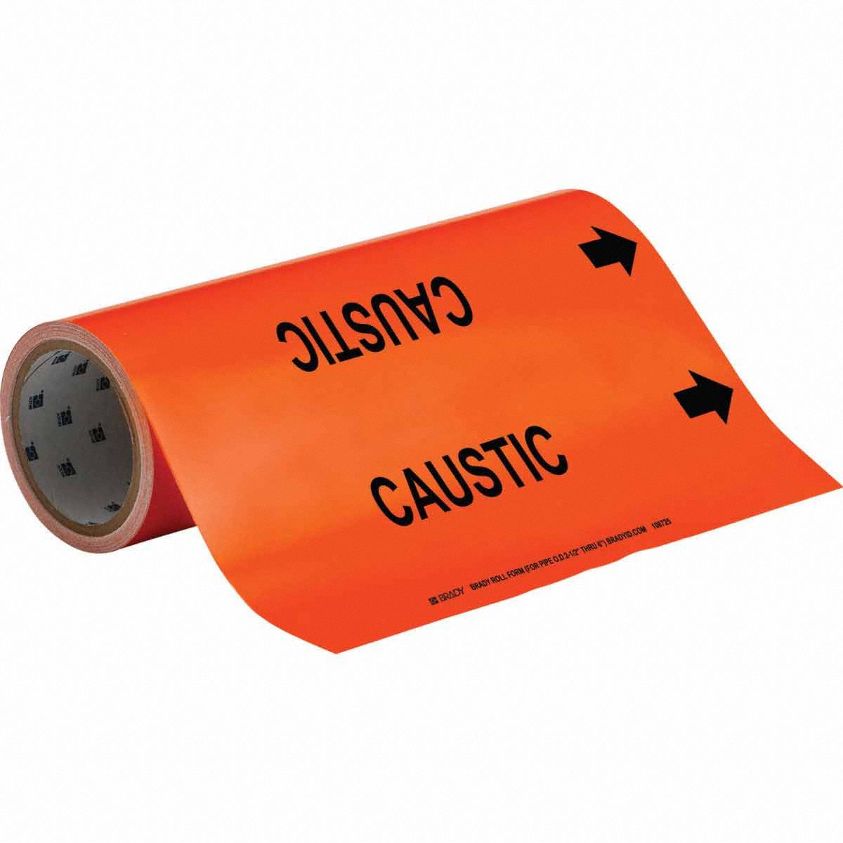 Pipe Marker: Caustic, Orange, Black, Fits 2 1/2 to 6 in Pipe O.D., 30 Pipe Markers, With Arrows
