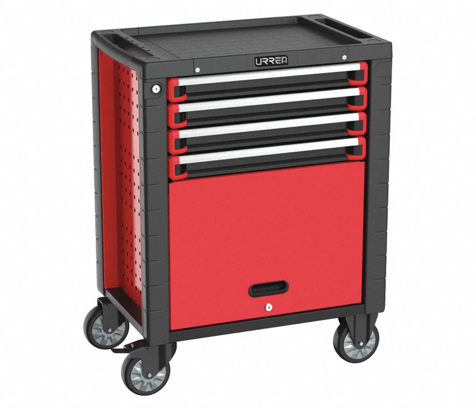URREA Gabinete Rodante, Pesado, Negro/Rojo, Ancho 28", Profundidad 18