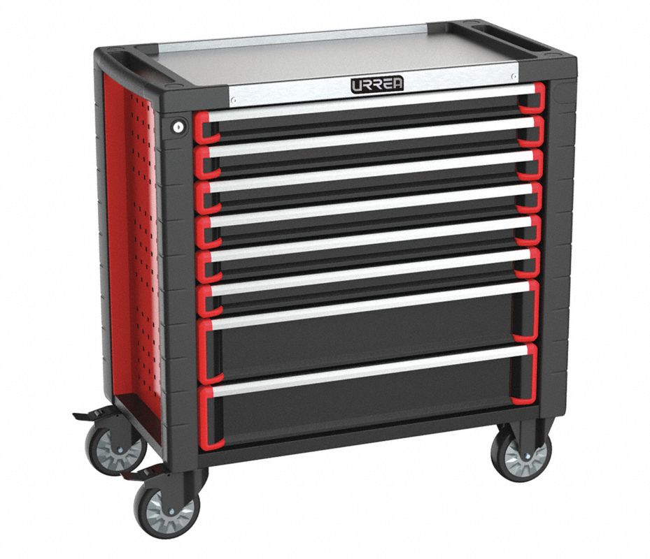 URREA Gabinete Rodante, Pesado, Negro/Rojo, Ancho 35", Profundidad 18