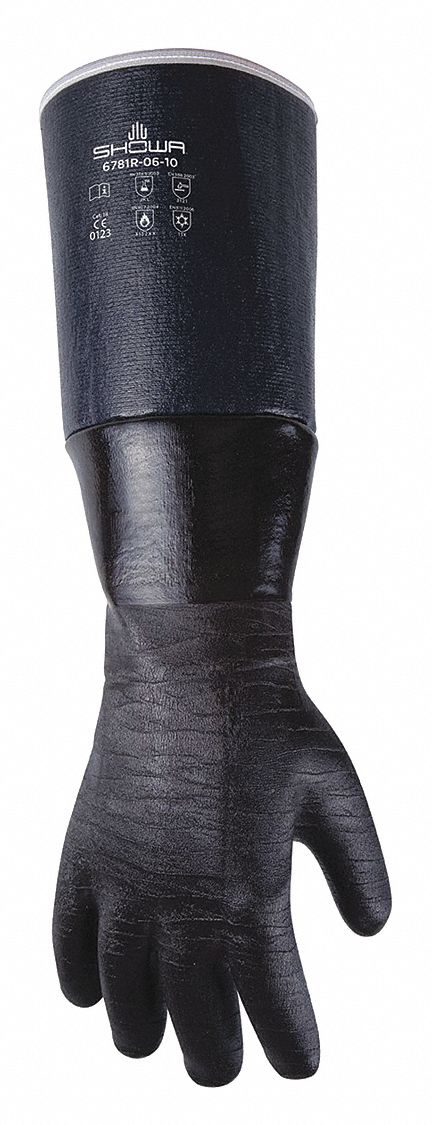 Chemical-Resistant Gloves: Neoprene, Black, Supported, 500°F Temp - Max, Cotton, L, 1 PR