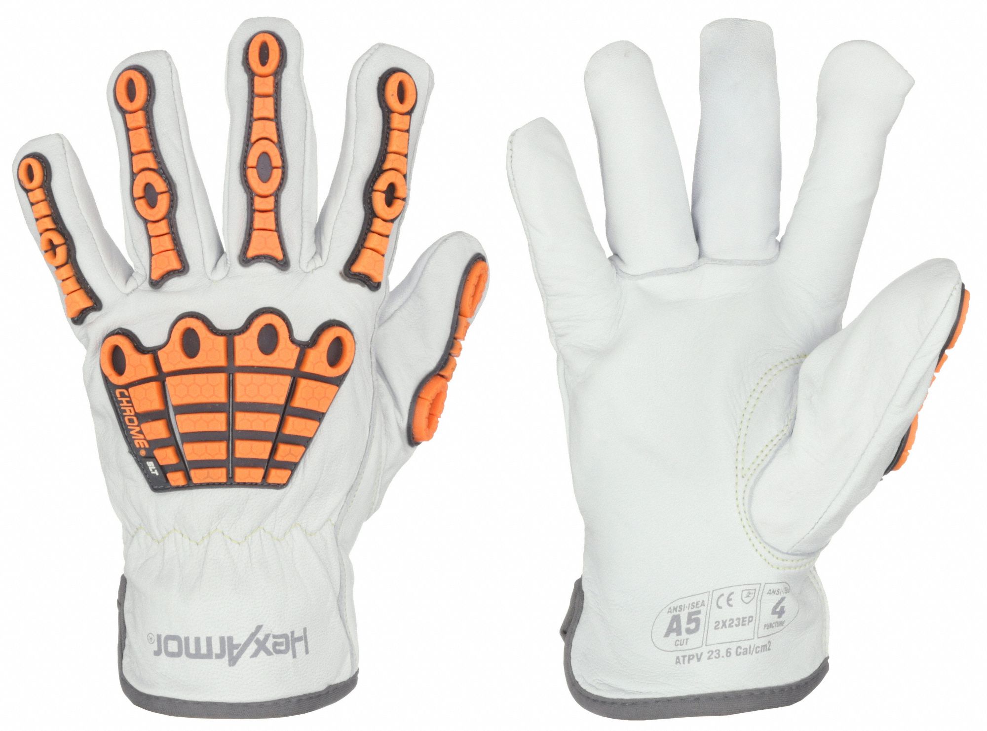 CUT/IMPACT-RESISTANT GLOVES, SIZE XS(6), 9 3/4 IN L, WHITE/ORANGE, GOATSKIN LEATHER/ARAMID, PAIR