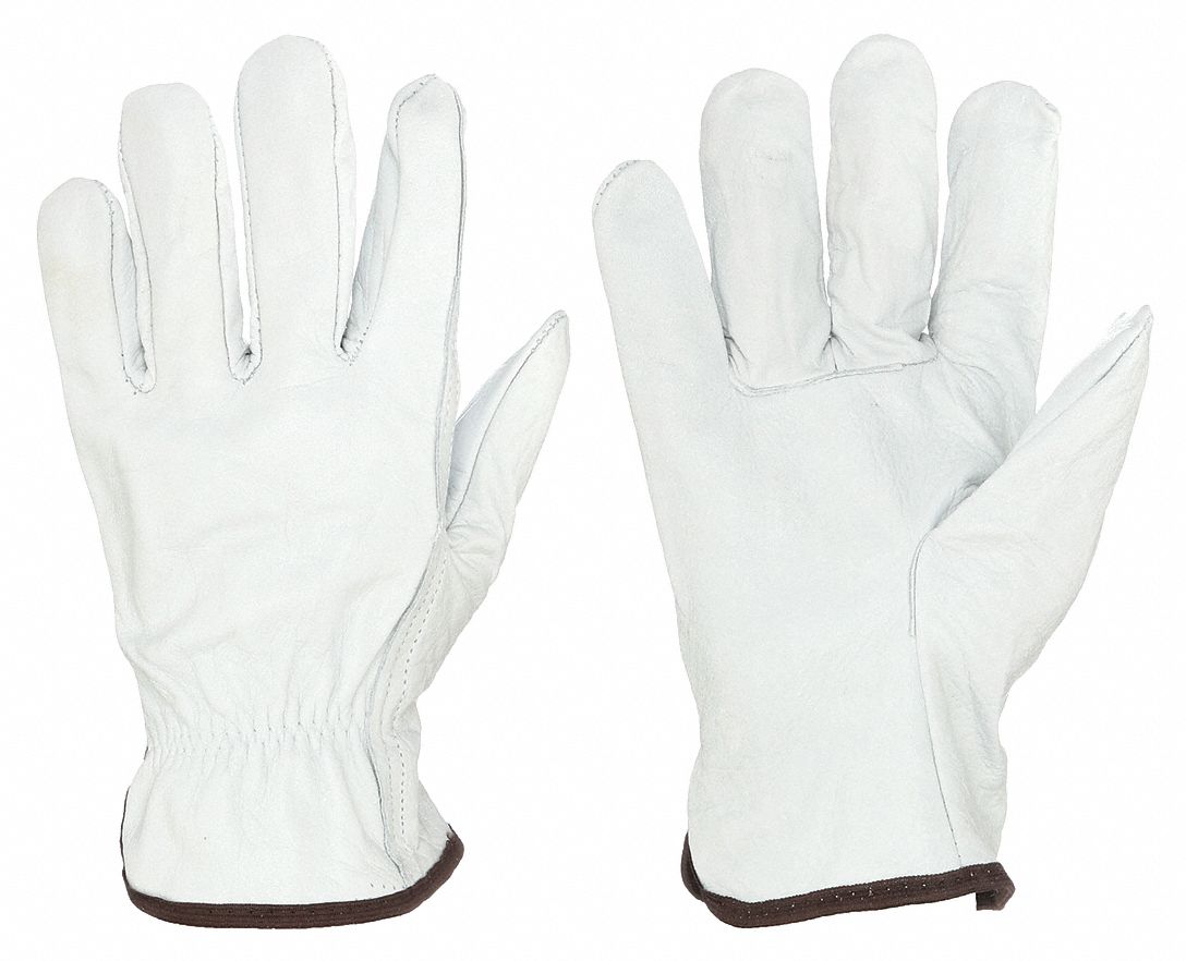 Leather Gloves: 2XL ( 11 ), Cowhide, Std, Glove, Full Finger, Shirred Slip-On Cuff, Gray, 12 PK
