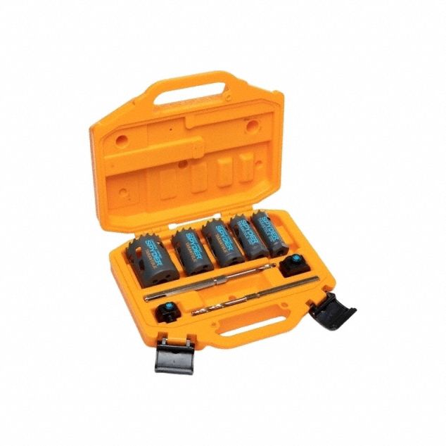 SPYDER Hole Saw Kit: 9 Pieces, 2 3/8 in Max. Cutting Dp, Carbide Tipped, 18/20 Teeth per Inch (MPN 600925). Key specifications — attr1098178: 18; 20; attr1098172: SPYDER.