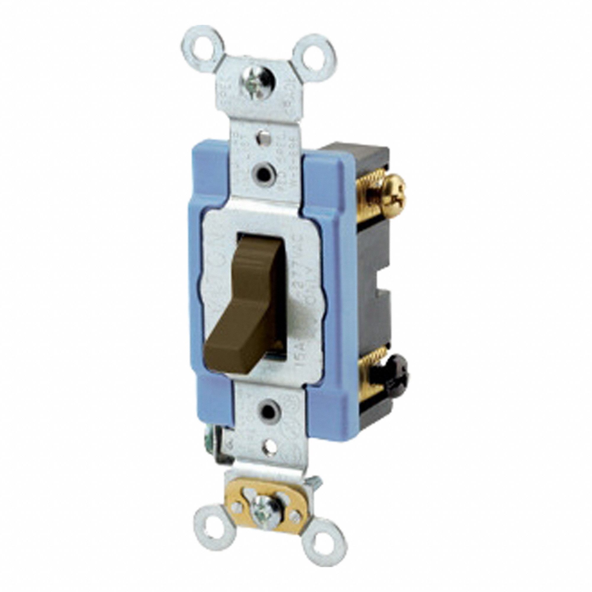 LEVITON Wall Switch: Toggle Switch, 3-Way, Maintained, Brown, 120V AC, 15 A (MPN 1203-2). Key specifications — Illuminated: No.