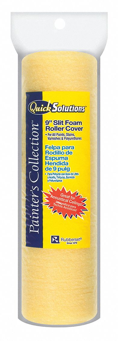 Paint Roller Cover: 9 in Lg, 0 in Nap Size, Foam, Quick Solutions, Std