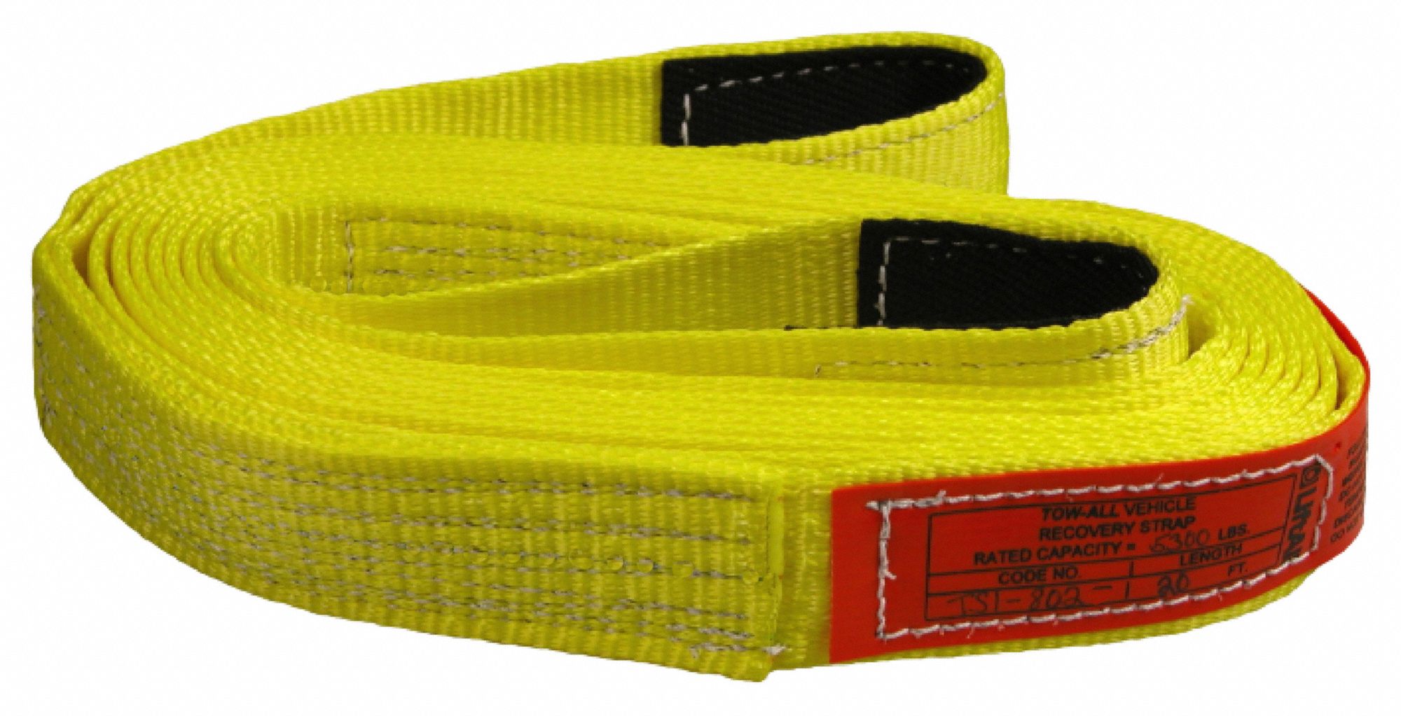 TOW STRAP, 20 FT OVERALL HOOK SIZE, 2 IN OVERALL W, 20 FT OVERALL L, YELLOW, POLYESTER