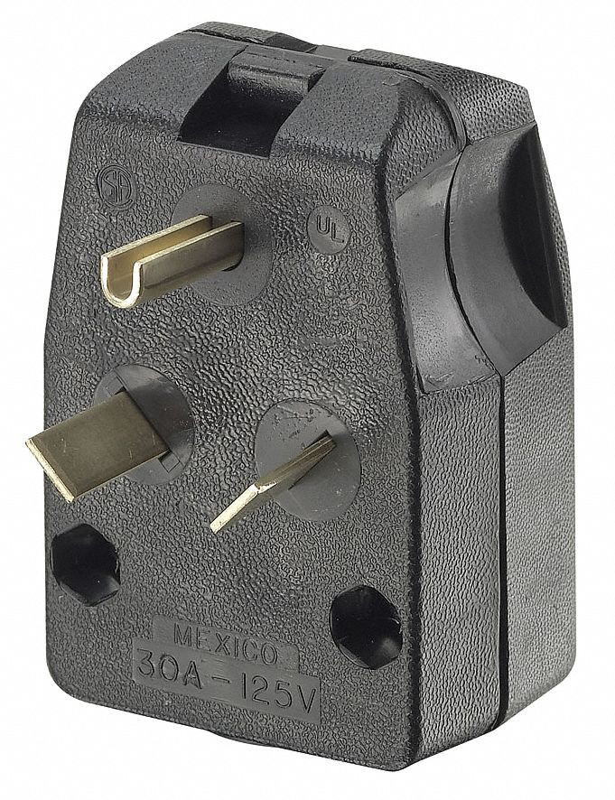 Angle Straight Blade Plug: TT-30P, 30 A, 125V AC, Black, 2 Poles, Screw Terminals
