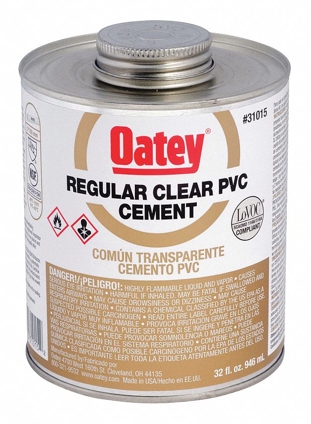OATEY Clear PVC Cement, Regular Body, Size 32 oz, For Use With PVC Pipe