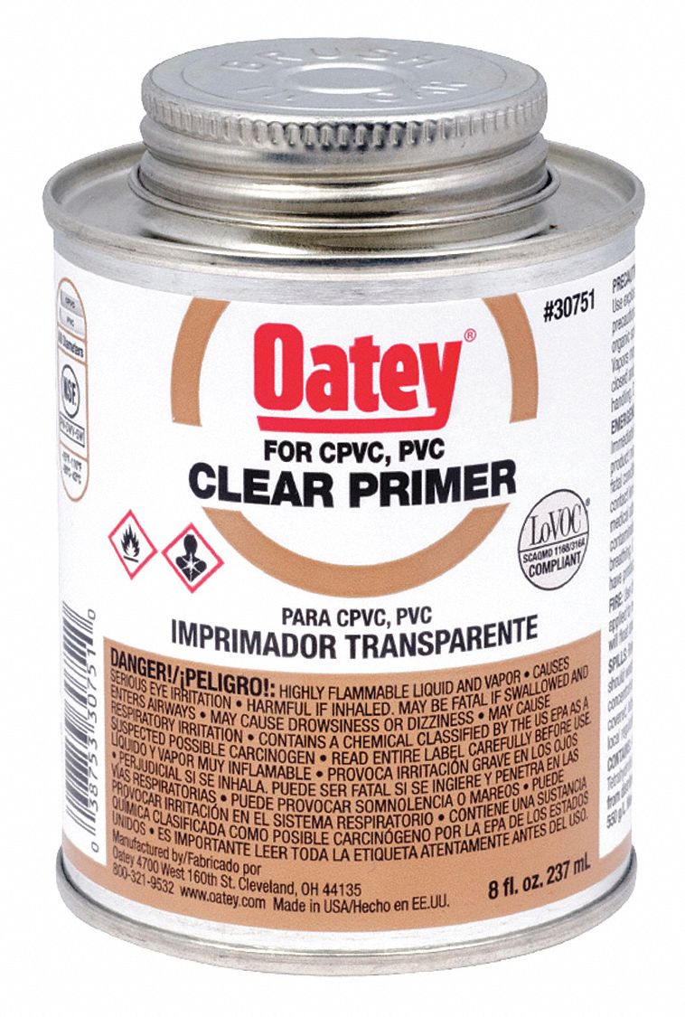 OATEY Clear PVC Primer, Primer, Size 8 oz, For Use With PVC Pipe and