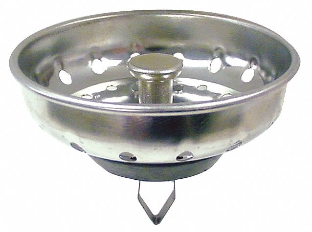 Strainer: 1 1/2 in Overall Dia, 3 in Overall Ht, Stainless Steel, Chrome, Silver, Sink Drain