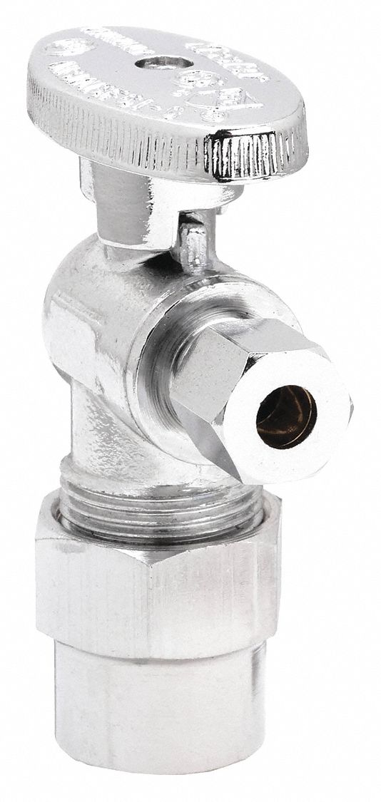 Water Supply Stop: 5/8 in Compression, 1/4 in Compression, Chrome-Plated Brass, Angle Body