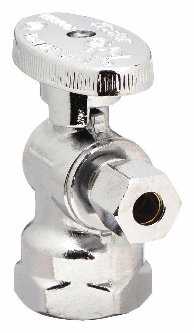 WATER SUPPLY STOP: ½ IN FIP, ¼ IN COMPRESSION, CHROME-PLATED BRASS, ANGLE BODY, ¼-TURN