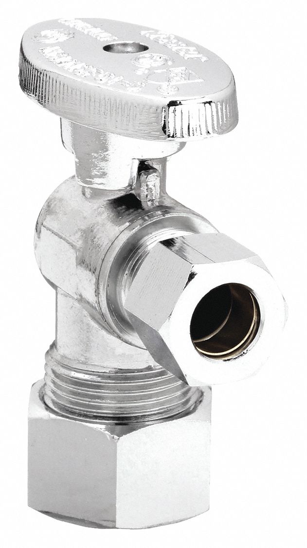 WATER SUPPLY STOP: ⅝ IN COMPRESSION, ⅜ IN COMPRESSION, CHROME-PLATED BRASS, ANGLE BODY