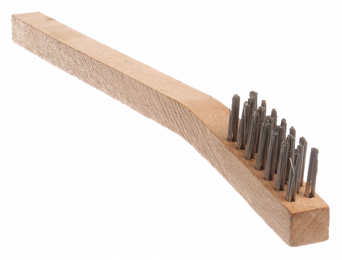 Scratch Brush: Curved Handle, Stainless Steel, Wood, 1 1/2 in Brush Lg