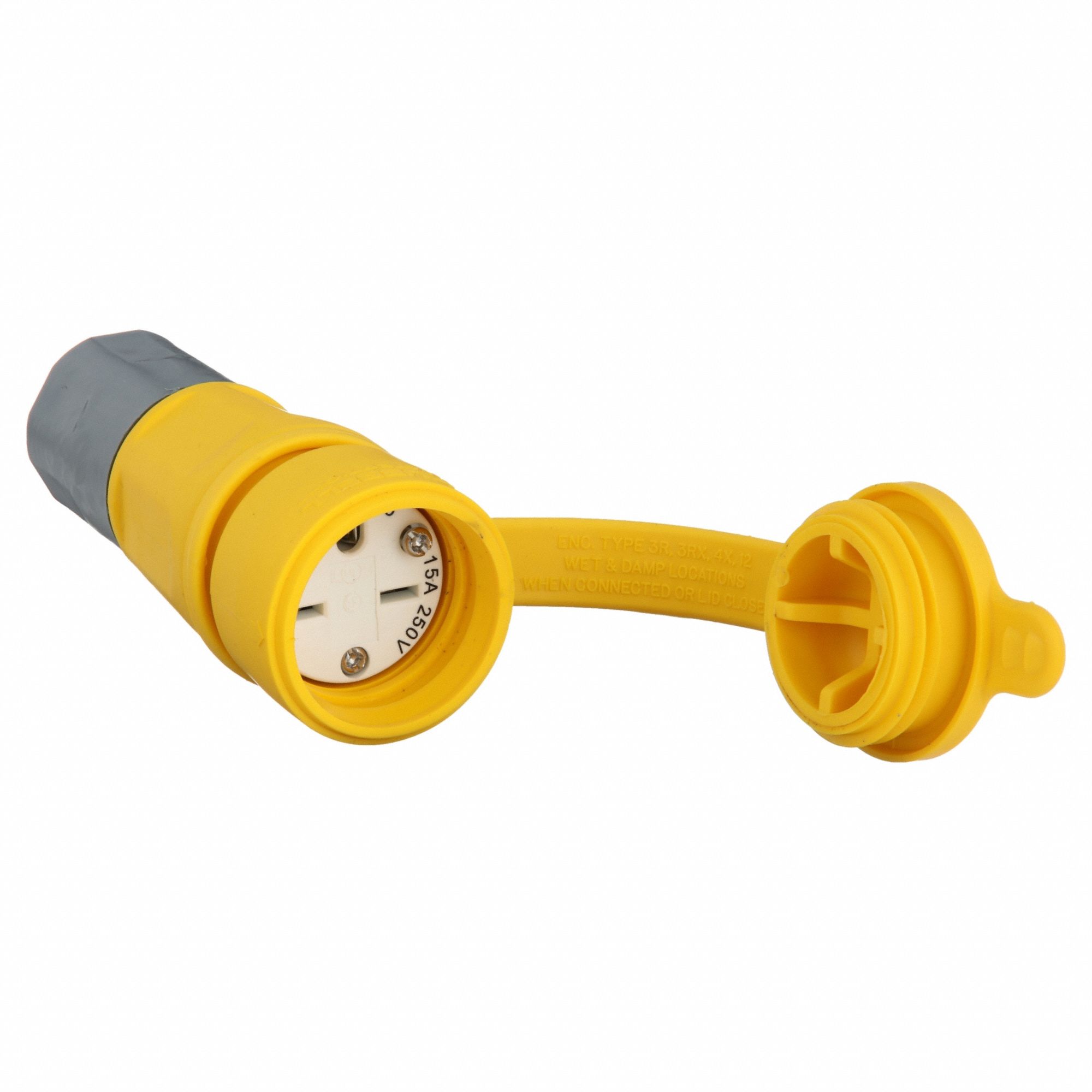 Watertight Straight Blade Connector: 6-15R, 15 A, 250V AC, 2 Poles, Yellow, Screw Terminals
