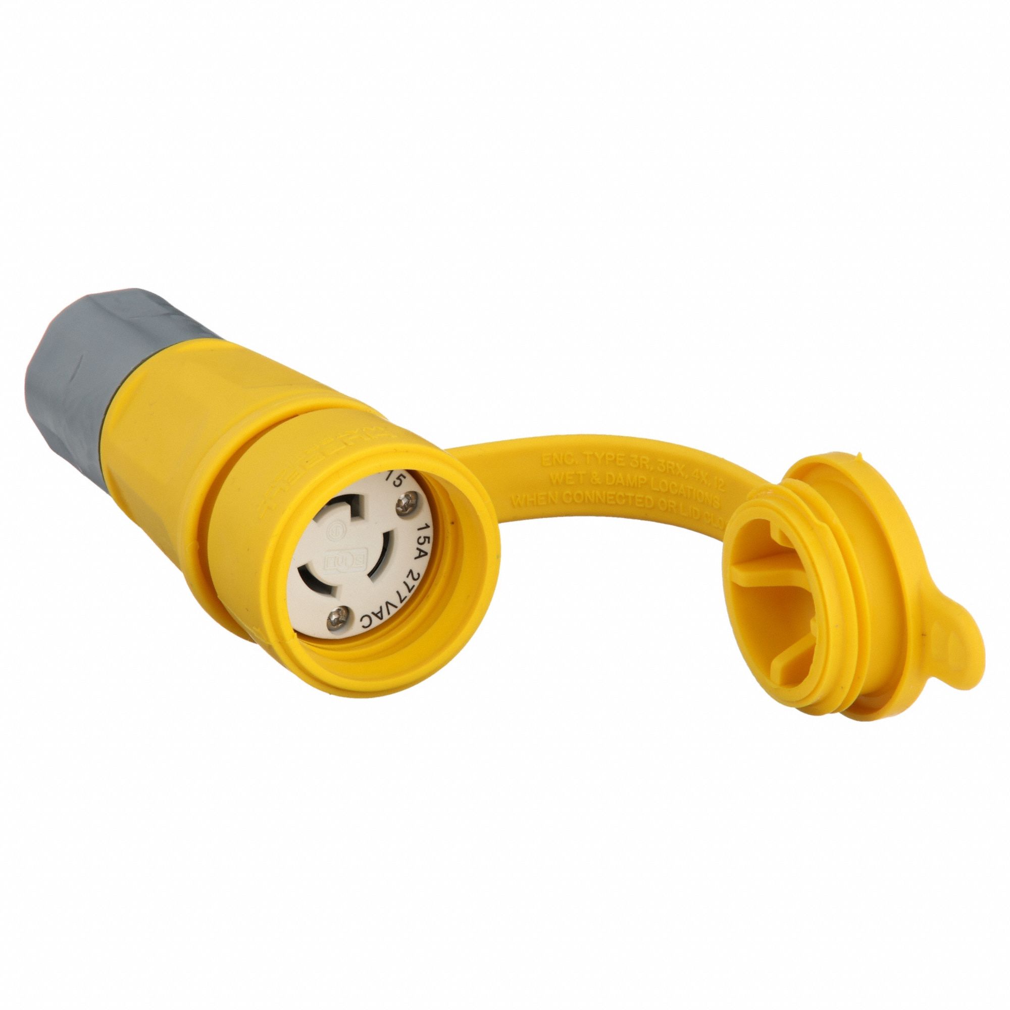 Watertight Locking Connector: L7-15R, 15 A, 277V AC, 2 Poles, Yellow, Shrouded