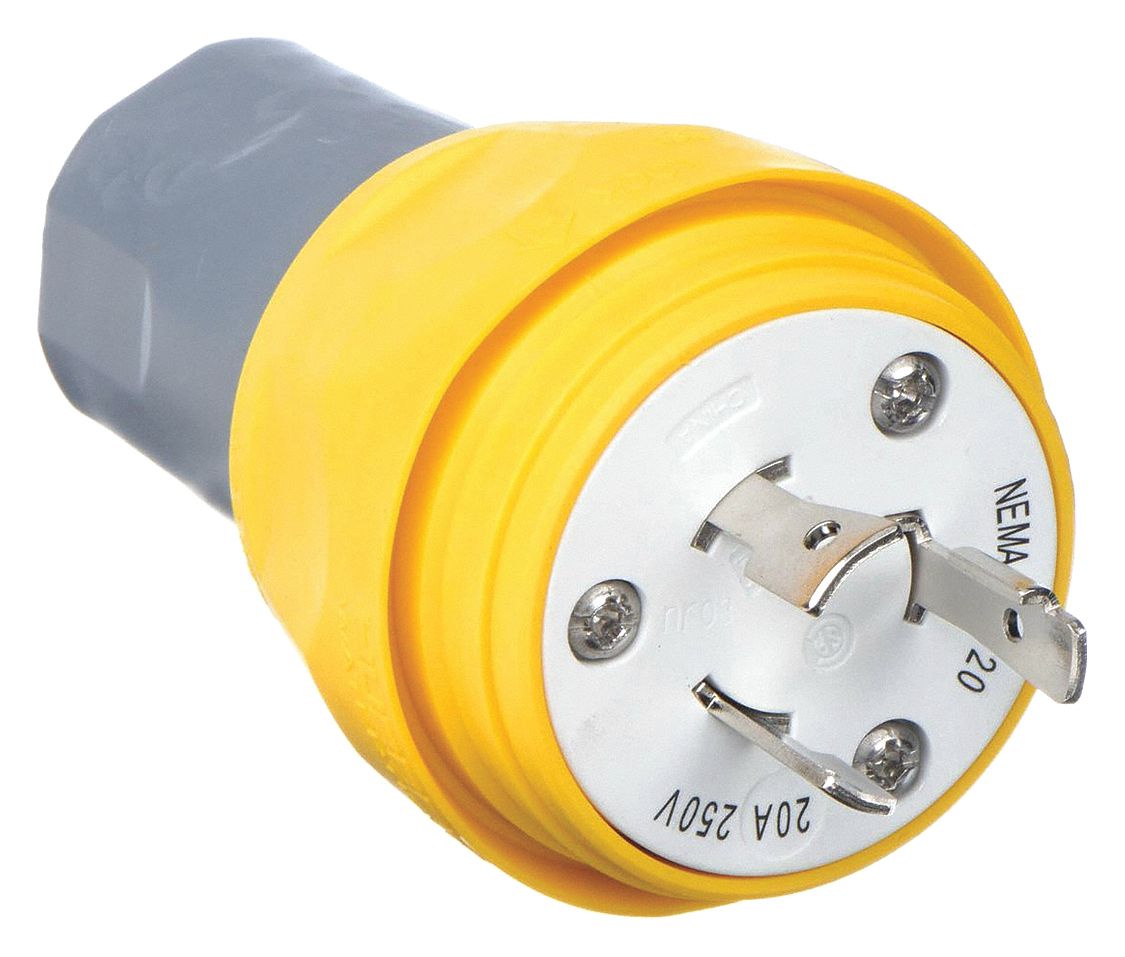 Watertight Locking Plug: L6-20P, 20 A, 250V AC, Yellow, 2 Poles, Corrosion Resistant/Gen Purpose