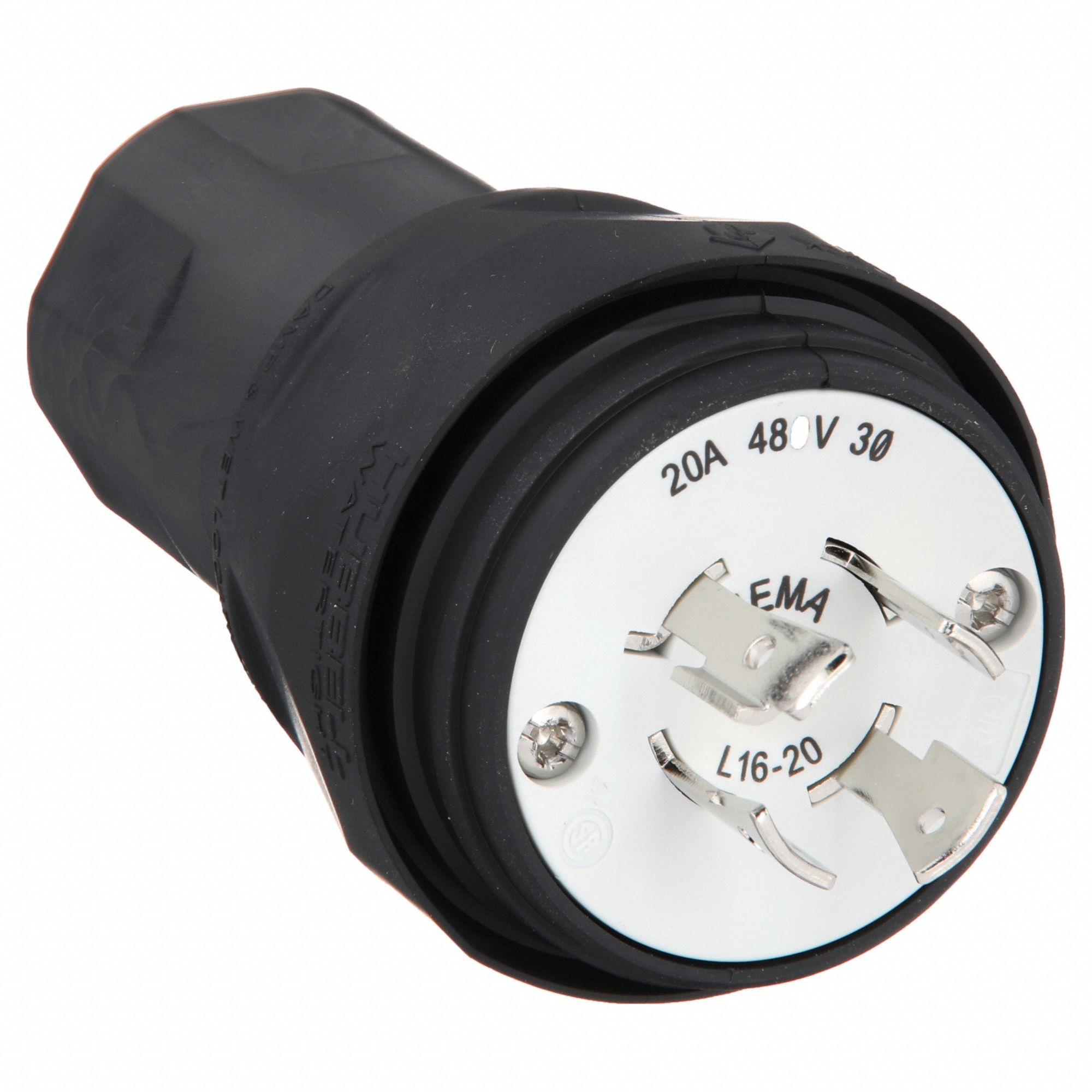 Watertight Locking Plug: L16-20P, 20 A, 480V AC, Black, 3 Poles, Corrosion Resistant/Gen Purpose