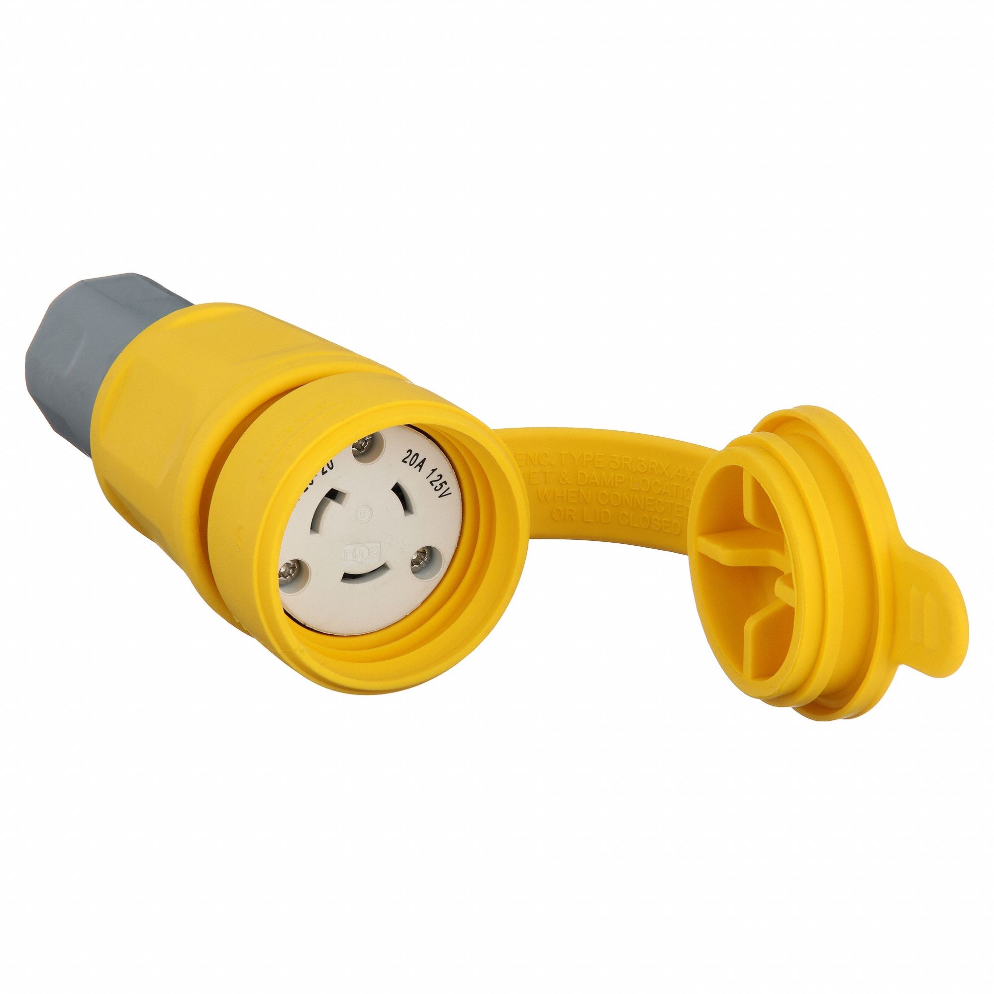 Watertight Locking Connector: L5-20R, 20 A, 125V AC, 2 Poles, Yellow, Shrouded