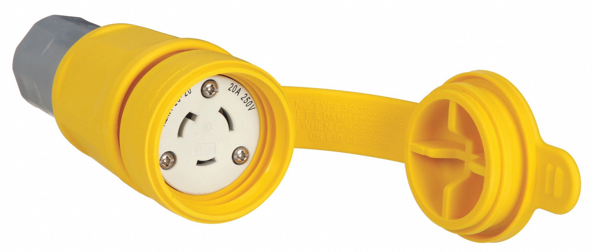 Watertight Locking Connector: L6-20R, 20 A, 250V AC, 2 Poles, Yellow, Shrouded