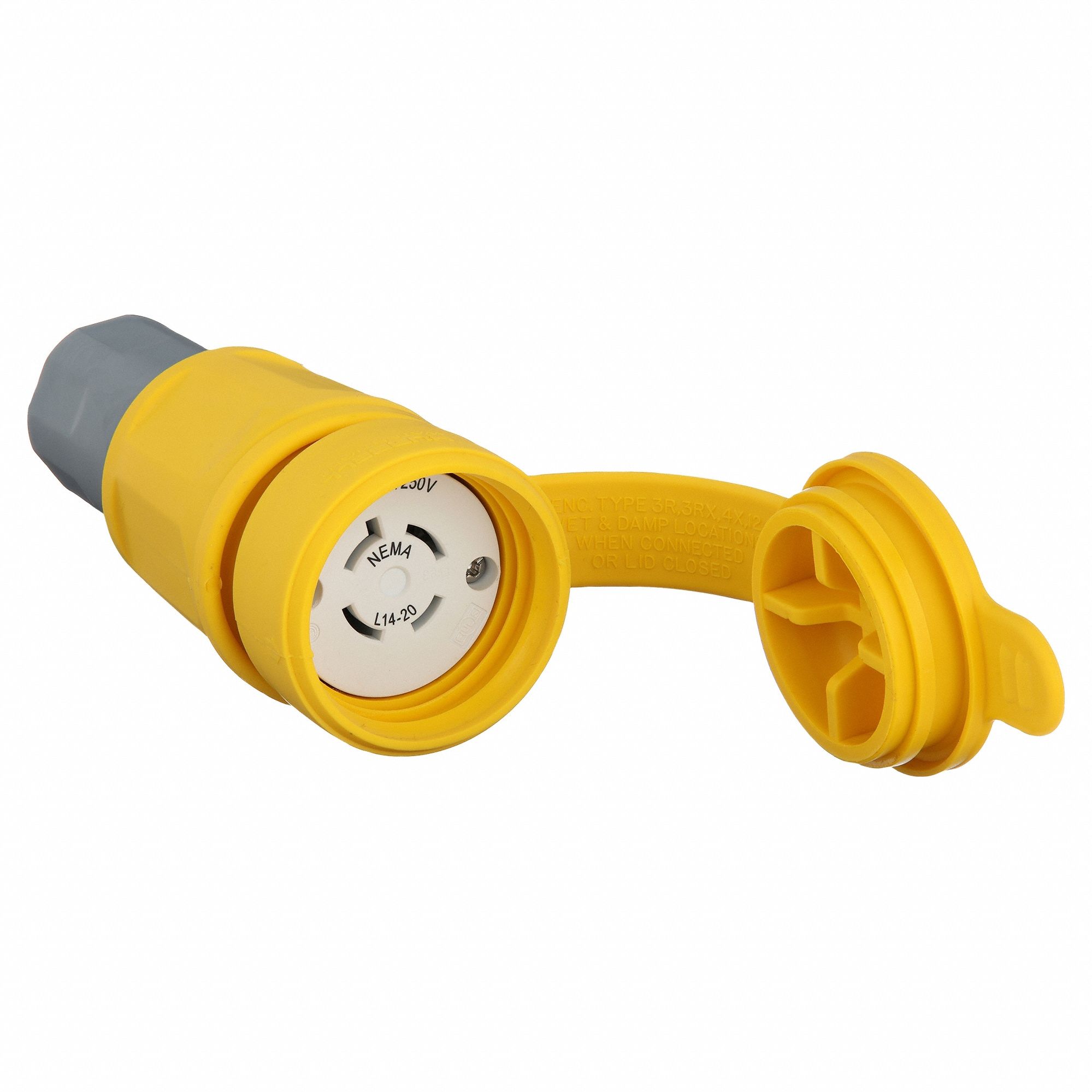 Watertight Locking Connector: L14-20R, 20 A, 125/250V AC, 3 Poles, Yellow, Shrouded