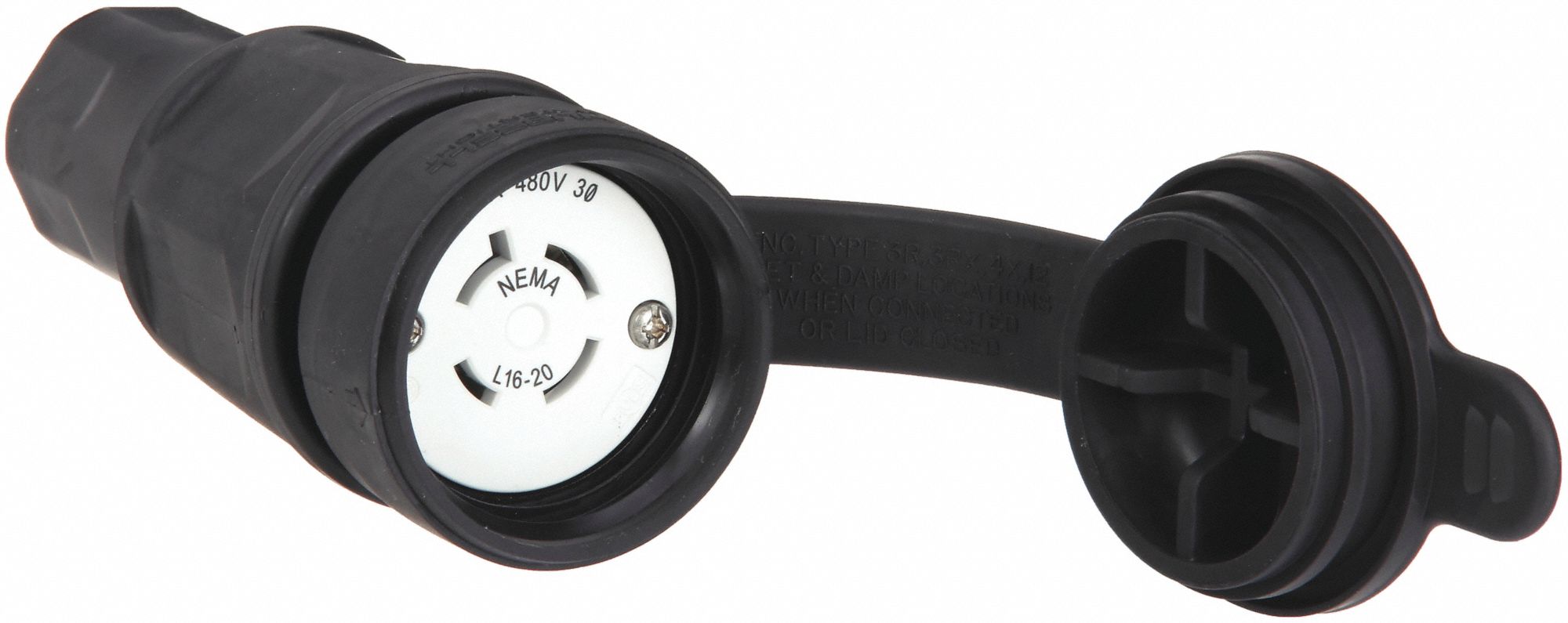 Watertight Locking Connector: L16-20R, 20 A, 480V AC, 3 Poles, Black, Shrouded