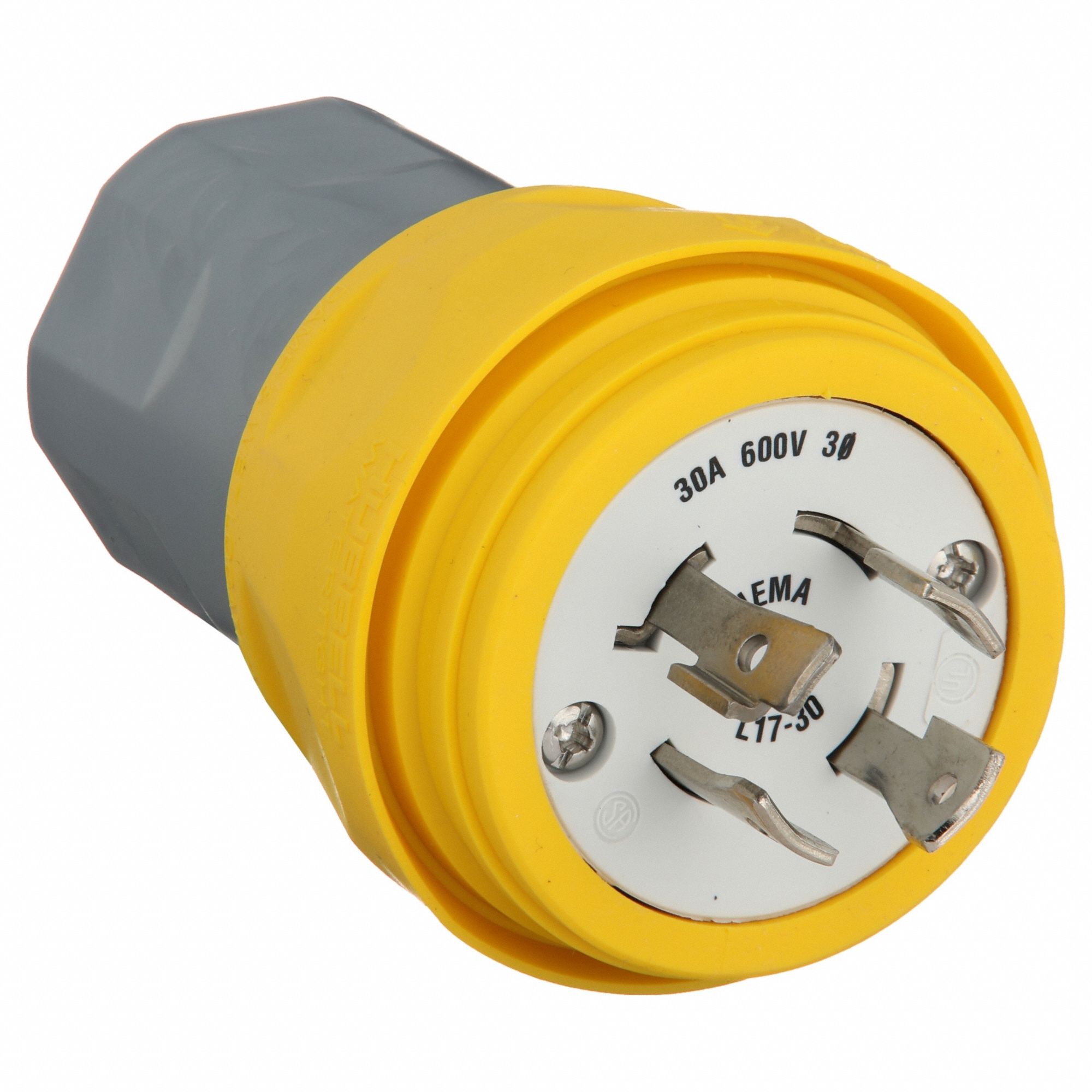 Watertight Locking Plug: L17-30P, 30 A, 600V AC, Yellow, 3 Poles, Corrosion Resistant/Gen Purpose