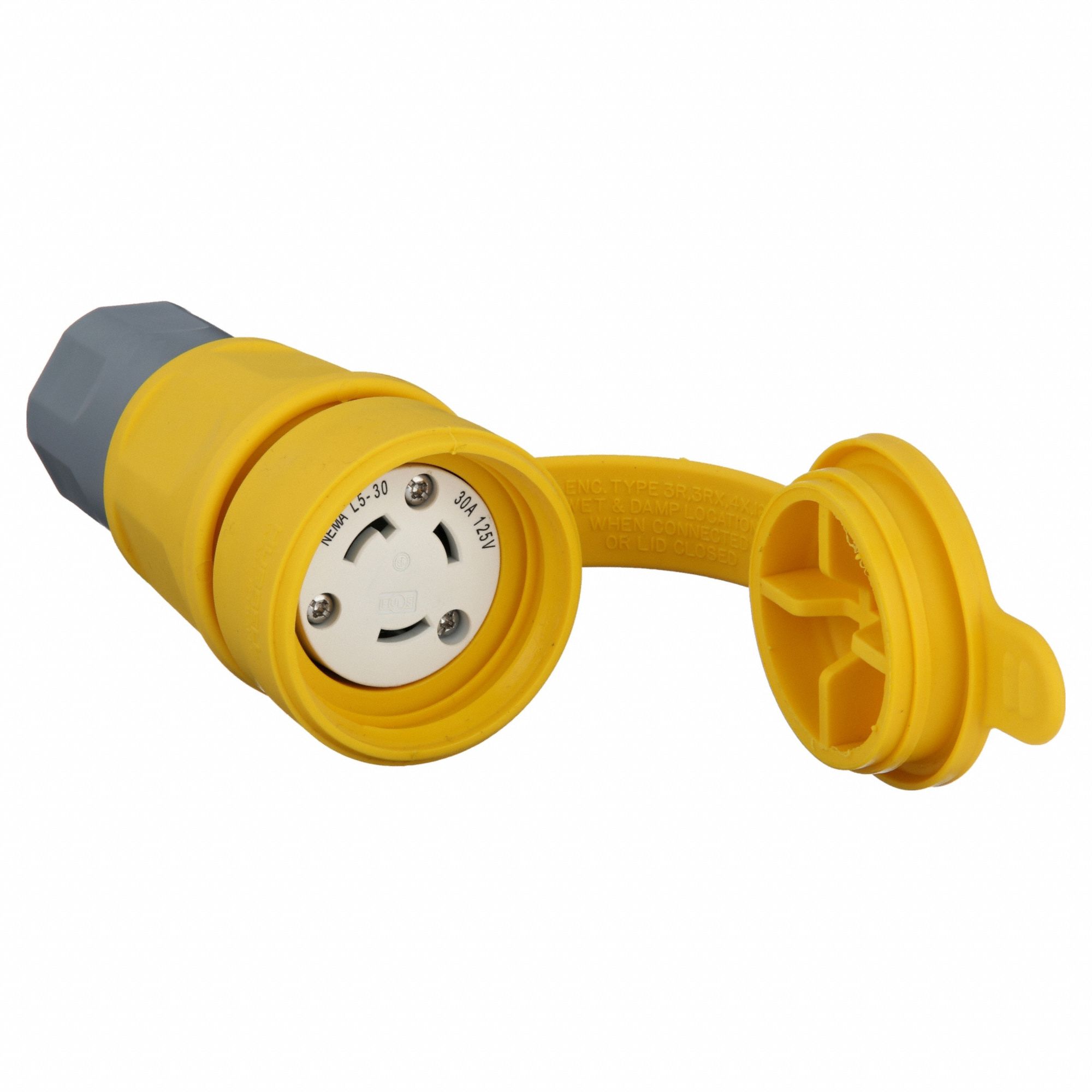 Watertight Locking Connector: L5-30R, 30 A, 125V AC, 2 Poles, Yellow, Shrouded