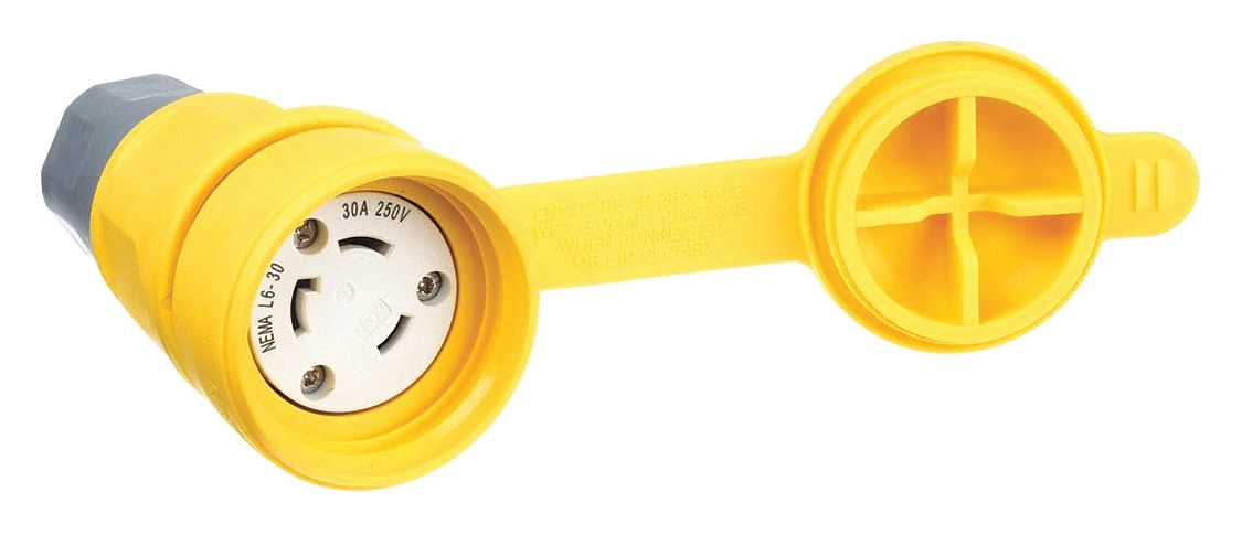 Watertight Locking Connector: L6-30R, 30 A, 250V AC, 2 Poles, Yellow, Shrouded