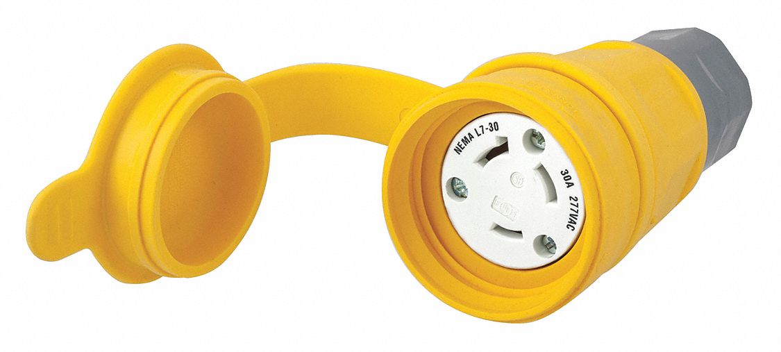 Watertight Locking Connector: L7-30R, 30 A, 277V AC, 2 Poles, Yellow, Shrouded