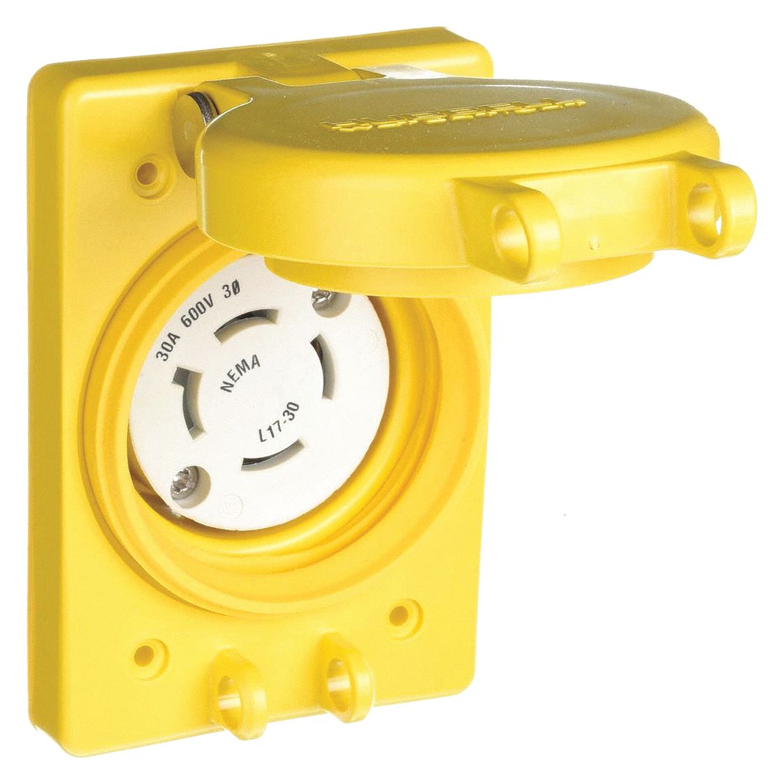 Watertight Locking Receptacle: L17-30R, Flanged, 30 A, 600V AC, 3 Poles, Yellow, 1 Gangs